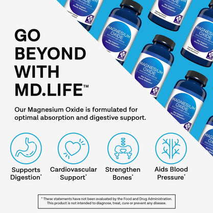 MD. Life Magnesiumoxid 400 mg Kapseln – Hochdosiertes Magnesium für Beinkrämpfe, Schlaf & Gefäßgesundheit – 60 Kapseln – Non-GMO für Frauen