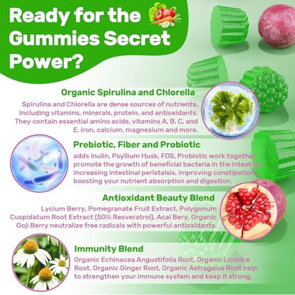 Super Greens Gummies – Spirulina, Chlorella, Präbiotika & Probiotika für Verdauung, Immunsystem & Energie (60 Stück)