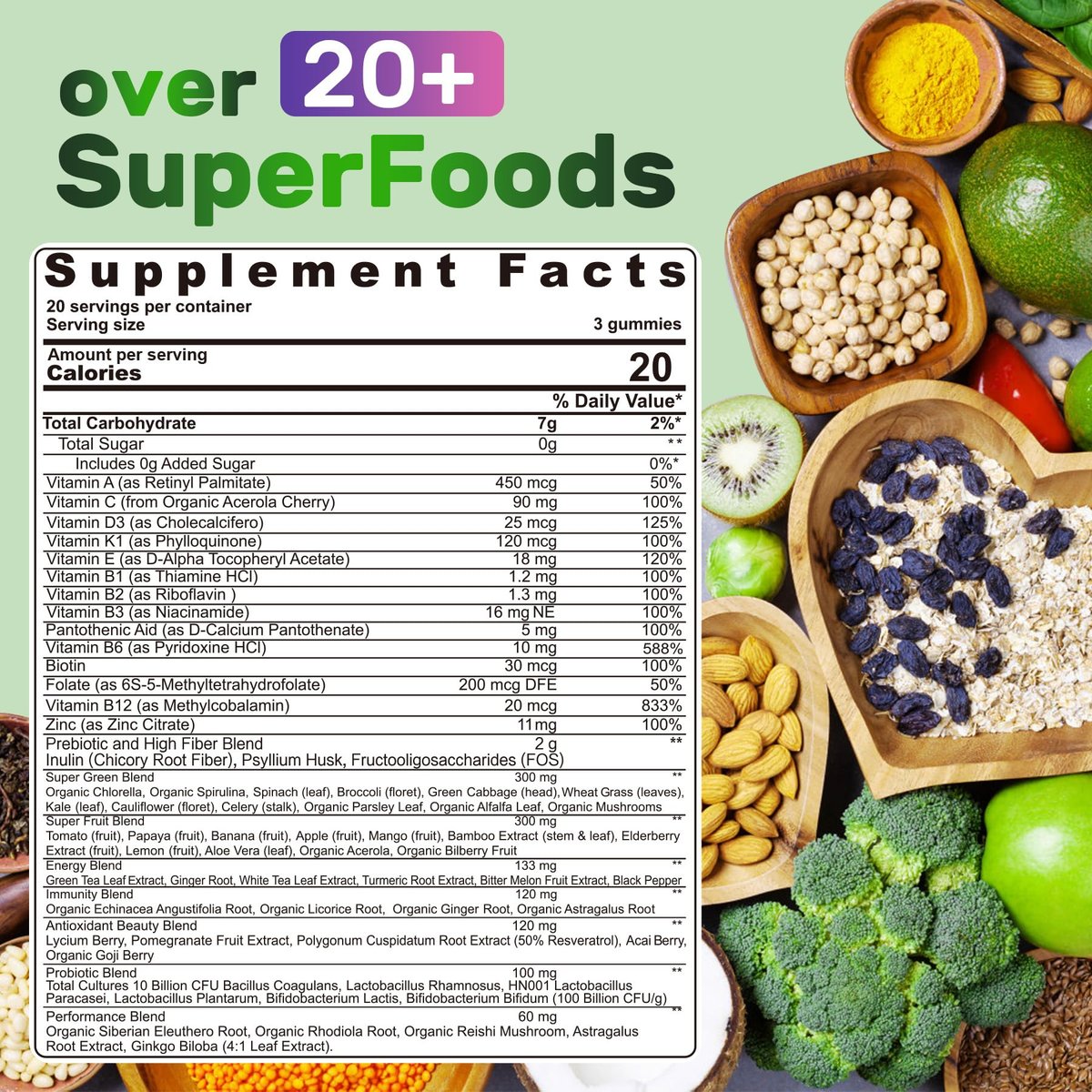 Super Greens Gummies – Spirulina, Chlorella, Präbiotika & Probiotika für Verdauung, Immunsystem & Energie (60 Stück)