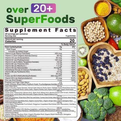 Super Greens Gummies – Spirulina, Chlorella, Präbiotika & Probiotika für Verdauung, Immunsystem & Energie (60 Stück)