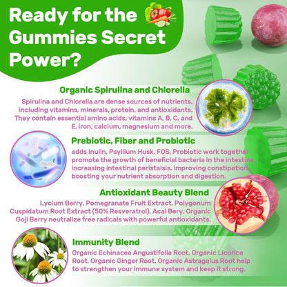 Super Greens Gummies – Spirulina, Chlorella, Präbiotika & Probiotika für Verdauung, Immunsystem & Energie (60 Stück)