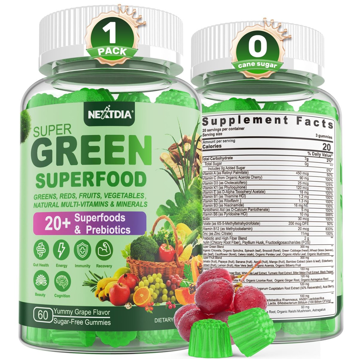 Super Greens Gummies – Spirulina, Chlorella, Präbiotika & Probiotika für Verdauung, Immunsystem & Energie (60 Stück)