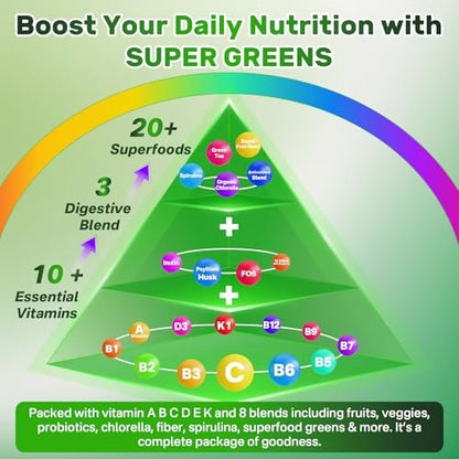 Super Greens Gummies – Spirulina, Chlorella, Präbiotika & Probiotika für Verdauung, Immunsystem & Energie (60 Stück)