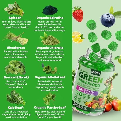 Super Greens Gummies – Spirulina, Chlorella, Präbiotika & Probiotika für Verdauung, Immunsystem & Energie (60 Stück)