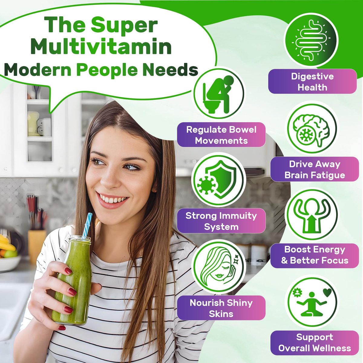 Super Greens Gummies – Spirulina, Chlorella, Präbiotika & Probiotika für Verdauung, Immunsystem & Energie (60 Stück)