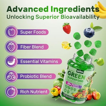 Super Greens Gummies – Spirulina, Chlorella, Präbiotika & Probiotika für Verdauung, Immunsystem & Energie (60 Stück)
