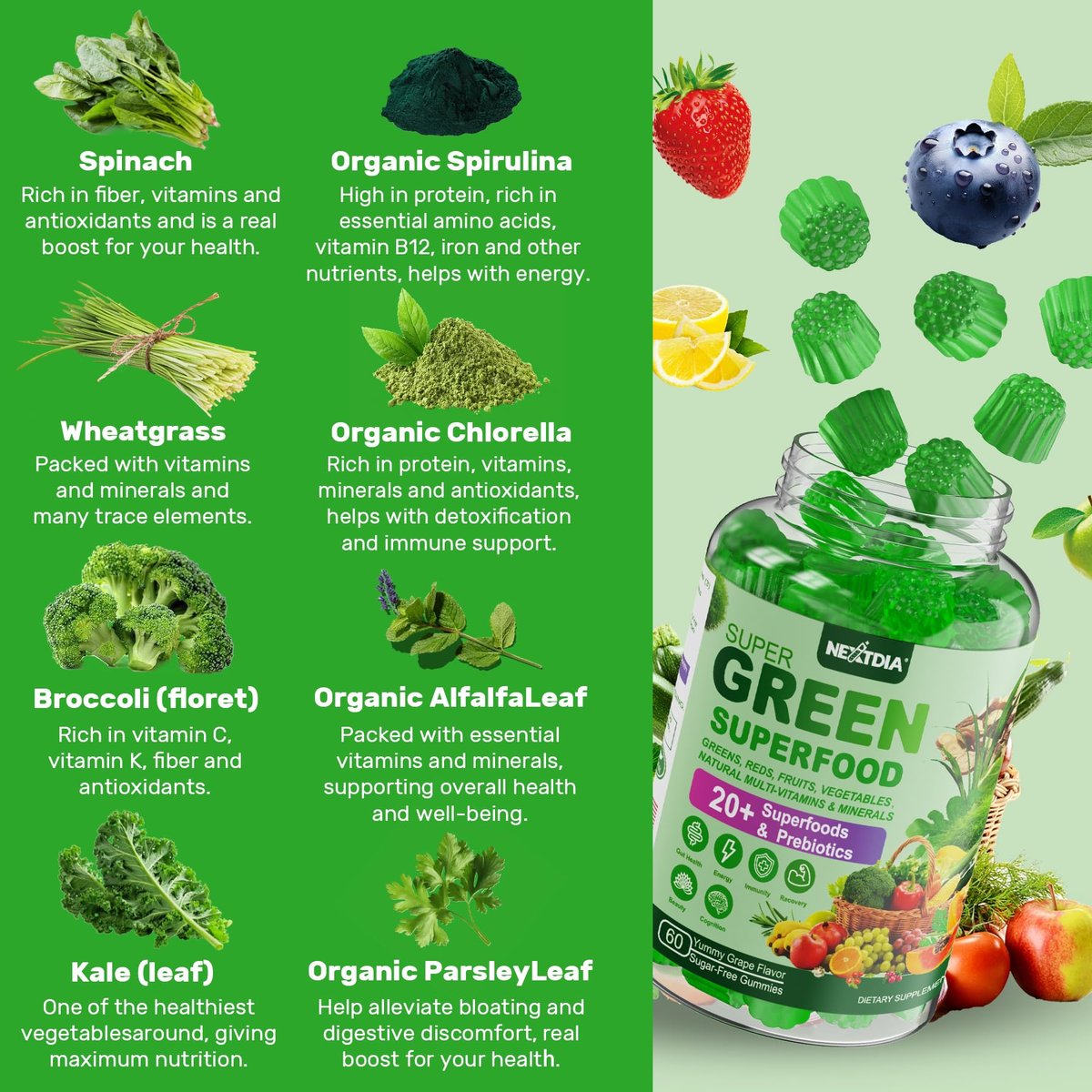 Super Greens Gummies – Spirulina, Chlorella, Präbiotika & Probiotika für Verdauung, Immunsystem & Energie (60 Stück)