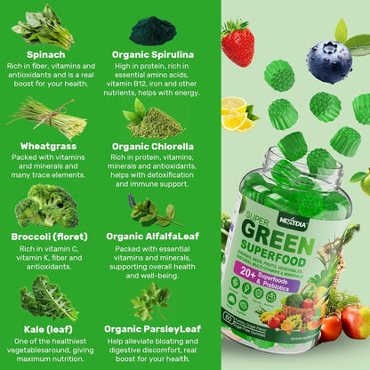 Super Greens Gummies – Spirulina, Chlorella, Präbiotika & Probiotika für Verdauung, Immunsystem & Energie (60 Stück)