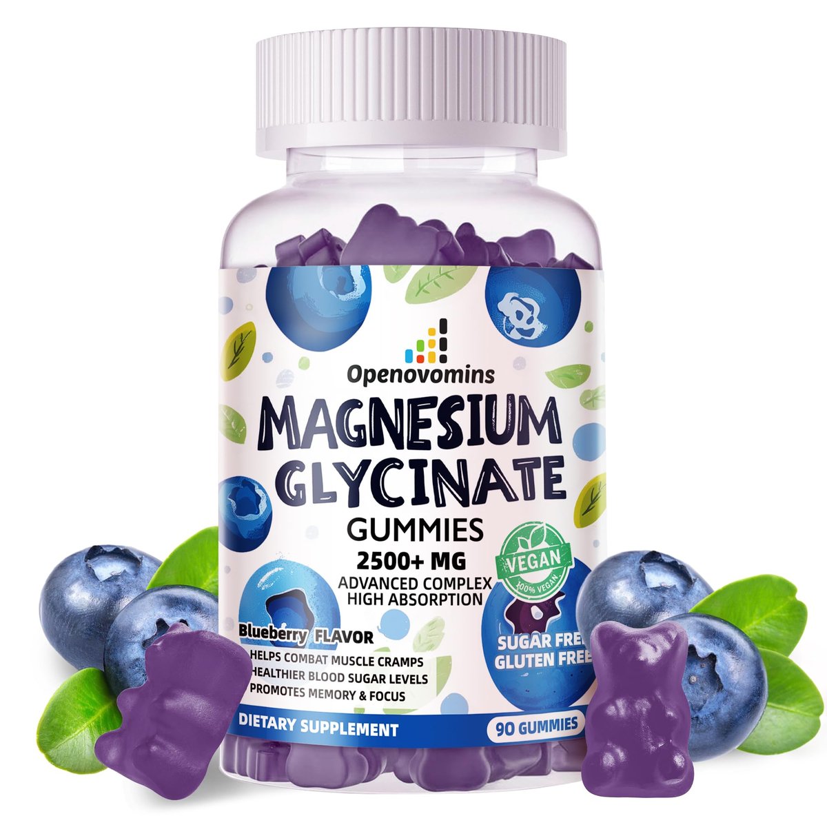 Magnesium Glycinat Gummies 2500mg - Zuckerfrei mit Vitamin D, B6 & CoQ10 - 90 Blaubeer-Gummis für Ruhe & Schlaf