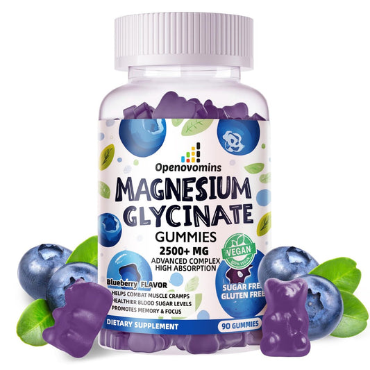 Magnesium Glycinat Gummies 2500mg - Zuckerfrei mit Vitamin D, B6 & CoQ10 - 90 Blaubeer-Gummis für Ruhe & Schlaf