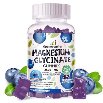 Magnesium Glycinat Gummies 2500mg - Zuckerfrei mit Vitamin D, B6 & CoQ10 - 90 Blaubeer-Gummis für Ruhe & Schlaf