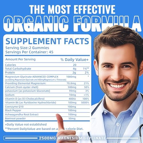 Magnesium Glycinat Gummies 2500mg - Zuckerfrei mit Vitamin D, B6 & CoQ10 - 90 Blaubeer-Gummis für Ruhe & Schlaf