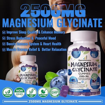 Magnesium Glycinat Gummies 2500mg - Zuckerfrei mit Vitamin D, B6 & CoQ10 - 90 Blaubeer-Gummis für Ruhe & Schlaf
