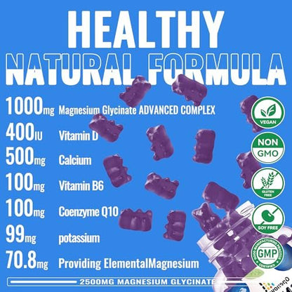 Magnesium Glycinat Gummies 2500mg - Zuckerfrei mit Vitamin D, B6 & CoQ10 - 90 Blaubeer-Gummis für Ruhe & Schlaf