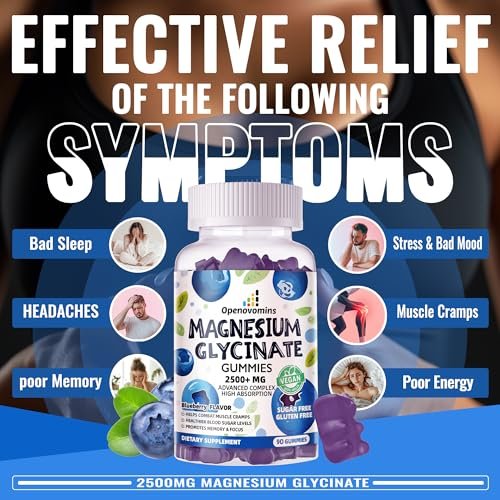 Magnesium Glycinat Gummies 2500mg - Zuckerfrei mit Vitamin D, B6 & CoQ10 - 90 Blaubeer-Gummis für Ruhe & Schlaf