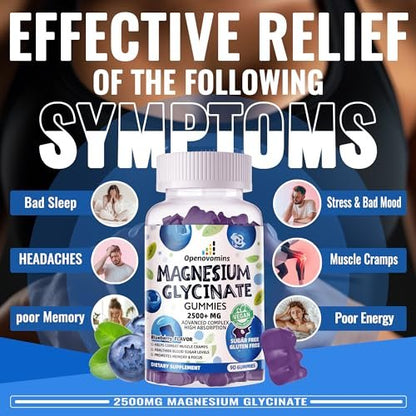 Magnesium Glycinat Gummies 2500mg - Zuckerfrei mit Vitamin D, B6 & CoQ10 - 90 Blaubeer-Gummis für Ruhe & Schlaf