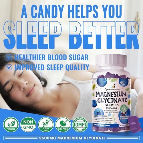 Magnesium Glycinat Gummies 2500mg - Zuckerfrei mit Vitamin D, B6 & CoQ10 - 90 Blaubeer-Gummis für Ruhe & Schlaf