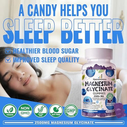 Magnesium Glycinat Gummies 2500mg - Zuckerfrei mit Vitamin D, B6 & CoQ10 - 90 Blaubeer-Gummis für Ruhe & Schlaf