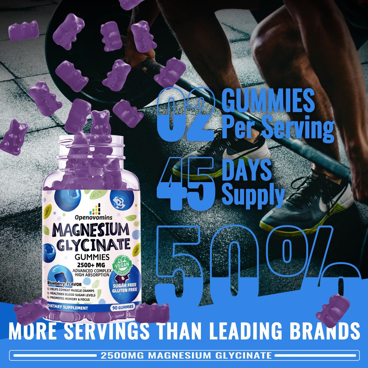 Magnesium Glycinat Gummies 2500mg - Zuckerfrei mit Vitamin D, B6 & CoQ10 - 90 Blaubeer-Gummis für Ruhe & Schlaf
