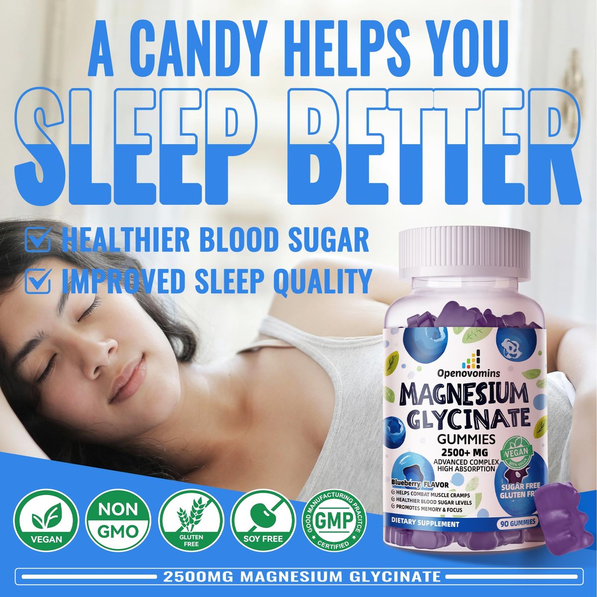 Magnesium Glycinat Gummies 2500mg - Zuckerfrei mit Vitamin D, B6 & CoQ10 - 90 Blaubeer-Gummis für Ruhe & Schlaf