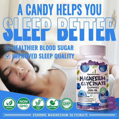Magnesium Glycinat Gummies 2500mg - Zuckerfrei mit Vitamin D, B6 & CoQ10 - 90 Blaubeer-Gummis für Ruhe & Schlaf