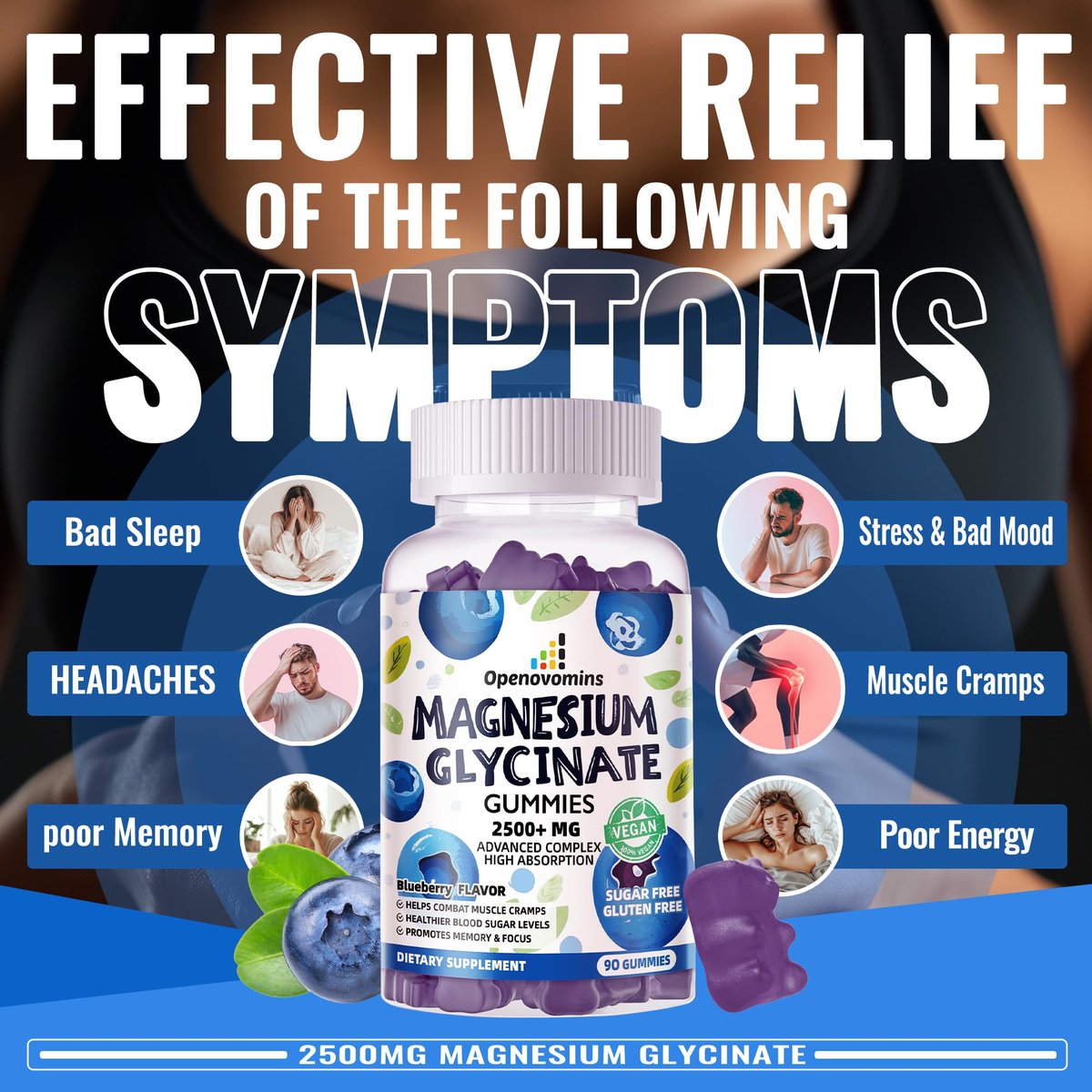 Magnesium Glycinat Gummies 2500mg - Zuckerfrei mit Vitamin D, B6 & CoQ10 - 90 Blaubeer-Gummis für Ruhe & Schlaf