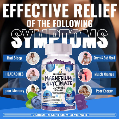 Magnesium Glycinat Gummies 2500mg - Zuckerfrei mit Vitamin D, B6 & CoQ10 - 90 Blaubeer-Gummis für Ruhe & Schlaf