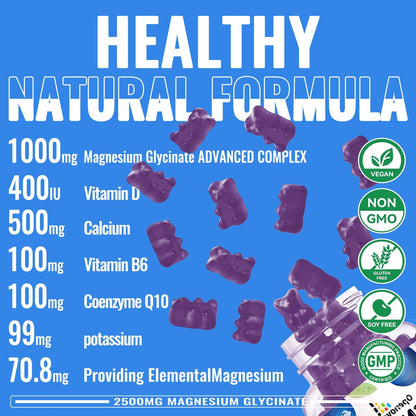 Magnesium Glycinat Gummies 2500mg - Zuckerfrei mit Vitamin D, B6 & CoQ10 - 90 Blaubeer-Gummis für Ruhe & Schlaf