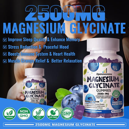 Magnesium Glycinat Gummies 2500mg - Zuckerfrei mit Vitamin D, B6 & CoQ10 - 90 Blaubeer-Gummis für Ruhe & Schlaf