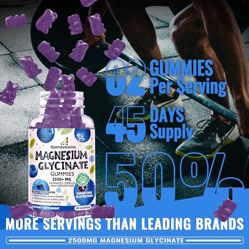 Magnesium Glycinat Gummies 2500mg - Zuckerfrei mit Vitamin D, B6 & CoQ10 - 90 Blaubeer-Gummis für Ruhe & Schlaf