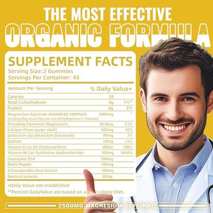 Magnesium Glycinate Gummies 2500mg – Zuckerfreie Magnesium-Kalium-Gummibärchen mit Vitamin D, B6, CoQ10 für Ruhe & Schlafunterstützung – 90 Ananas-Gummis