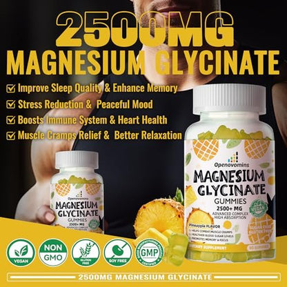 Magnesium Glycinate Gummies 2500mg – Zuckerfreie Magnesium-Kalium-Gummibärchen mit Vitamin D, B6, CoQ10 für Ruhe & Schlafunterstützung – 90 Ananas-Gummis