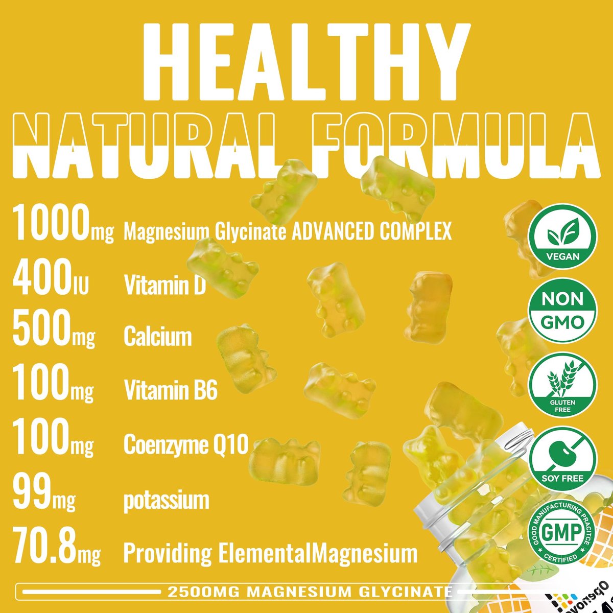 Magnesium Glycinate Gummies 2500mg – Zuckerfreie Magnesium-Kalium-Gummibärchen mit Vitamin D, B6, CoQ10 für Ruhe & Schlafunterstützung – 90 Ananas-Gummis