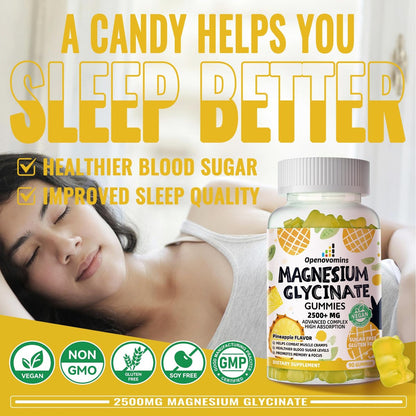 Magnesium Glycinate Gummies 2500mg – Zuckerfreie Magnesium-Kalium-Gummibärchen mit Vitamin D, B6, CoQ10 für Ruhe & Schlafunterstützung – 90 Ananas-Gummis