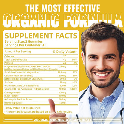 Magnesium Glycinate Gummies 2500mg – Zuckerfreie Magnesium-Kalium-Gummibärchen mit Vitamin D, B6, CoQ10 für Ruhe & Schlafunterstützung – 90 Ananas-Gummis