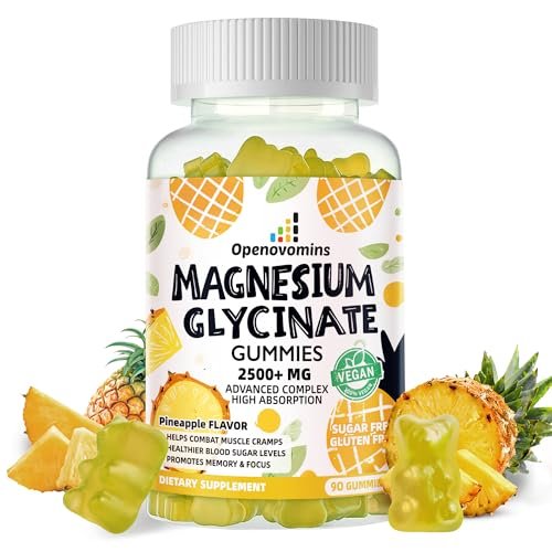 Magnesium Glycinate Gummies 2500mg – Zuckerfreie Magnesium-Kalium-Gummibärchen mit Vitamin D, B6, CoQ10 für Ruhe & Schlafunterstützung – 90 Ananas-Gummis