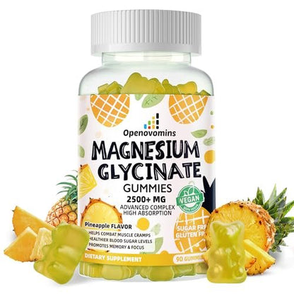 Magnesium Glycinate Gummies 2500mg – Zuckerfreie Magnesium-Kalium-Gummibärchen mit Vitamin D, B6, CoQ10 für Ruhe & Schlafunterstützung – 90 Ananas-Gummis