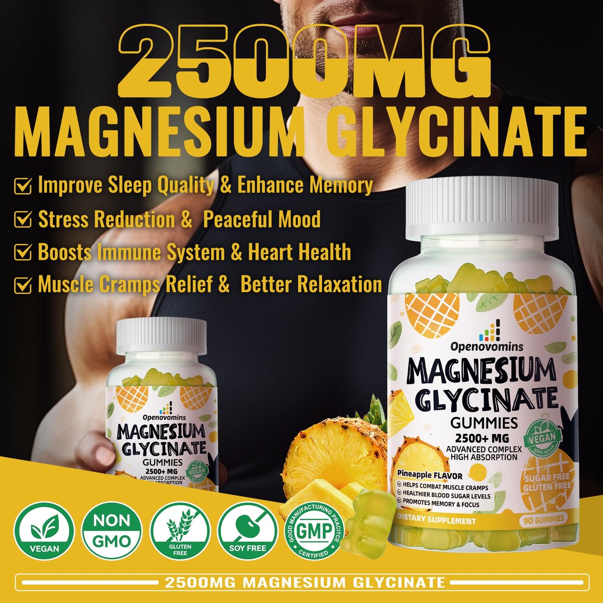 Magnesium Glycinate Gummies 2500mg – Zuckerfreie Magnesium-Kalium-Gummibärchen mit Vitamin D, B6, CoQ10 für Ruhe & Schlafunterstützung – 90 Ananas-Gummis