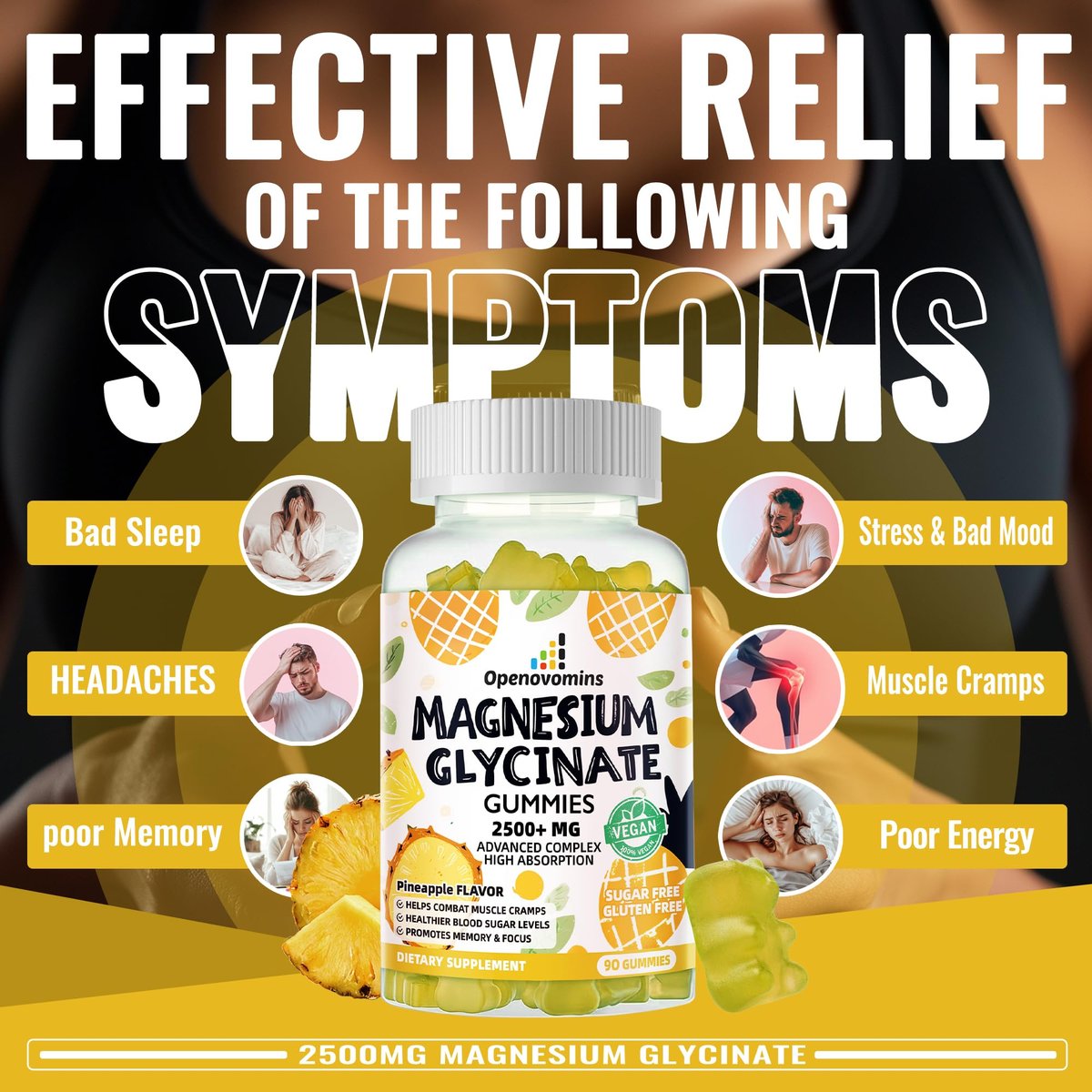 Magnesium Glycinate Gummies 2500mg – Zuckerfreie Magnesium-Kalium-Gummibärchen mit Vitamin D, B6, CoQ10 für Ruhe & Schlafunterstützung – 90 Ananas-Gummis
