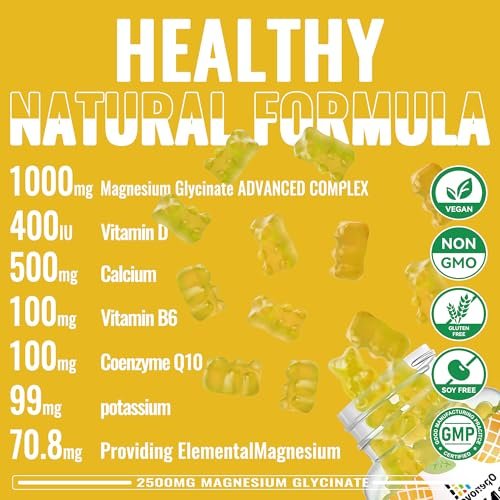 Magnesium Glycinate Gummies 2500mg – Zuckerfreie Magnesium-Kalium-Gummibärchen mit Vitamin D, B6, CoQ10 für Ruhe & Schlafunterstützung – 90 Ananas-Gummis