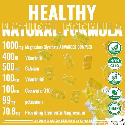 Magnesium Glycinate Gummies 2500mg – Zuckerfreie Magnesium-Kalium-Gummibärchen mit Vitamin D, B6, CoQ10 für Ruhe & Schlafunterstützung – 90 Ananas-Gummis