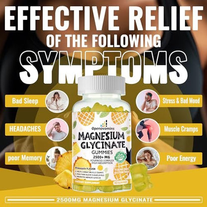 Magnesium Glycinate Gummies 2500mg – Zuckerfreie Magnesium-Kalium-Gummibärchen mit Vitamin D, B6, CoQ10 für Ruhe & Schlafunterstützung – 90 Ananas-Gummis