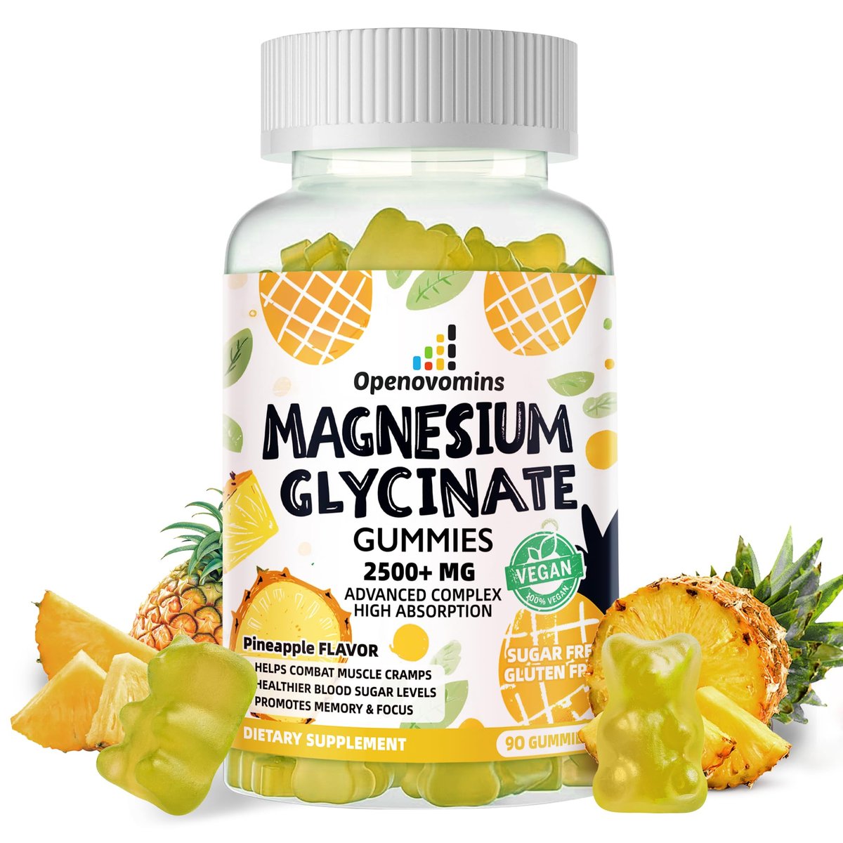 Magnesium Glycinate Gummies 2500mg – Zuckerfreie Magnesium-Kalium-Gummibärchen mit Vitamin D, B6, CoQ10 für Ruhe & Schlafunterstützung – 90 Ananas-Gummis