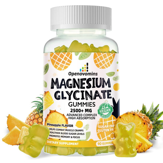Magnesium Glycinate Gummies 2500mg – Zuckerfreie Magnesium-Kalium-Gummibärchen mit Vitamin D, B6, CoQ10 für Ruhe & Schlafunterstützung – 90 Ananas-Gummis