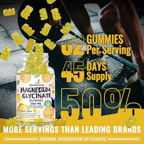 Magnesium Glycinate Gummies 2500mg – Zuckerfreie Magnesium-Kalium-Gummibärchen mit Vitamin D, B6, CoQ10 für Ruhe & Schlafunterstützung – 90 Ananas-Gummis