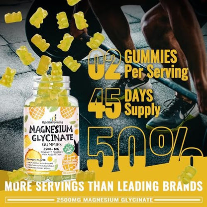 Magnesium Glycinate Gummies 2500mg – Zuckerfreie Magnesium-Kalium-Gummibärchen mit Vitamin D, B6, CoQ10 für Ruhe & Schlafunterstützung – 90 Ananas-Gummis