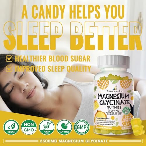 Magnesium Glycinate Gummies 2500mg – Zuckerfreie Magnesium-Kalium-Gummibärchen mit Vitamin D, B6, CoQ10 für Ruhe & Schlafunterstützung – 90 Ananas-Gummis