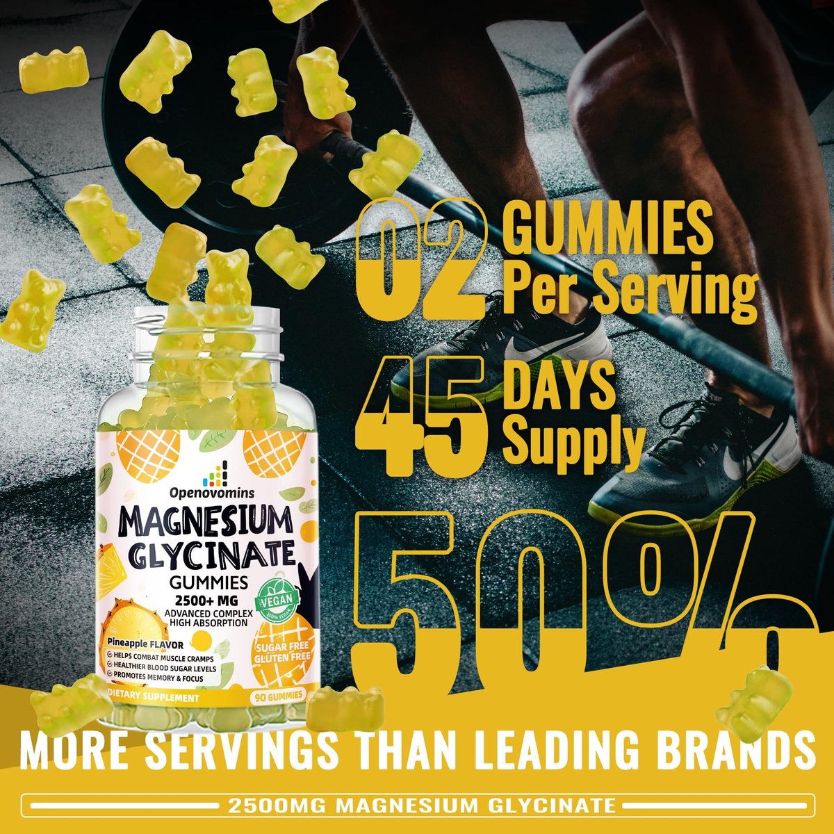 Magnesium Glycinate Gummies 2500mg – Zuckerfreie Magnesium-Kalium-Gummibärchen mit Vitamin D, B6, CoQ10 für Ruhe & Schlafunterstützung – 90 Ananas-Gummis