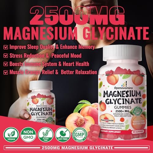 Magnesiumglycinat Gummies 2500mg – Zuckerfreies Magnesium-Kalium-Präparat mit Vitamin D, B6, CoQ10 für Ruhe und Schlaf – 90 Pfirsich-Gummis