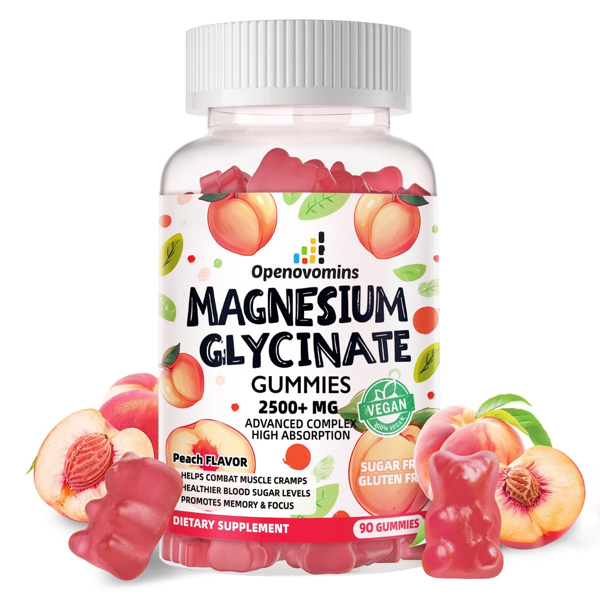 Magnesiumglycinat Gummies 2500mg – Zuckerfreies Magnesium-Kalium-Präparat mit Vitamin D, B6, CoQ10 für Ruhe und Schlaf – 90 Pfirsich-Gummis